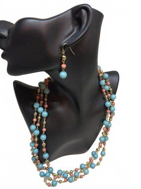 NIB EsMor 73" Turquoise Coral Color Bead Flapper Opera Long Layering Necklace Se